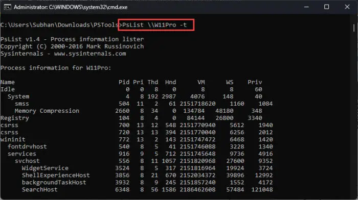 How To Manage Windows Processes And Services Remotely 14 List all process list remotely in tree view using PsList