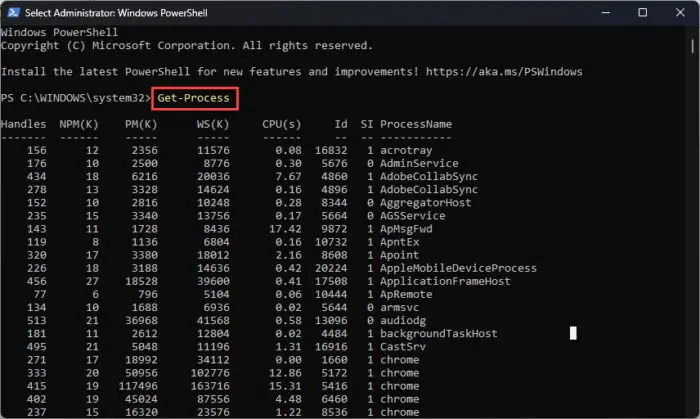 List all running processes in PowerShell