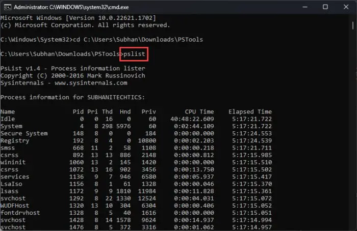 List all running processes using PsList