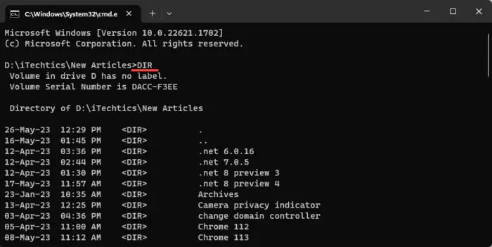 List files and folders in the current directory using Command Prompt