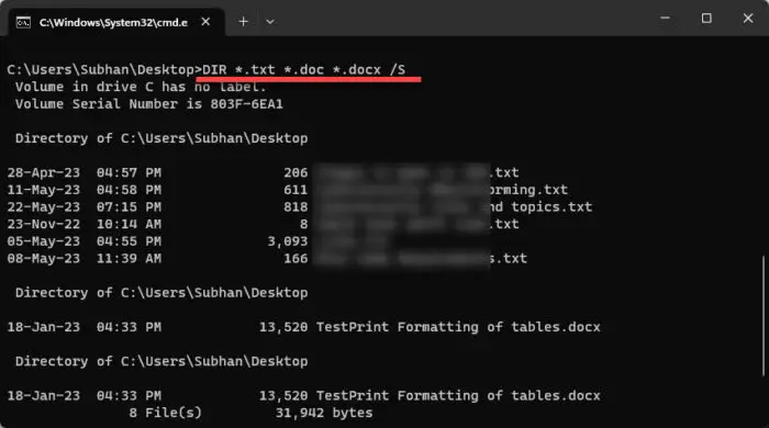 List multiple file types in the current directory and subdirectories from Command Prompt