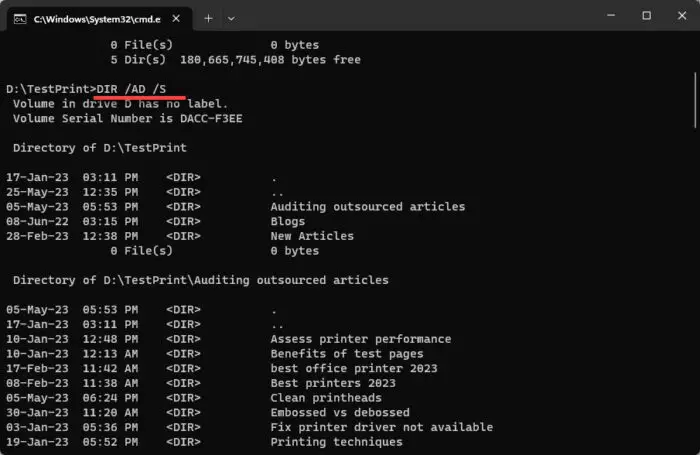 List only folders in the current directory and subdirectories in Command Prompt