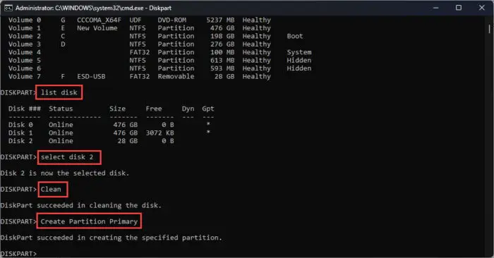 List select clean USB disk and create primary partition