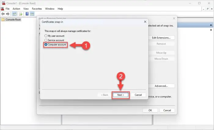 Manage certificates for computer account