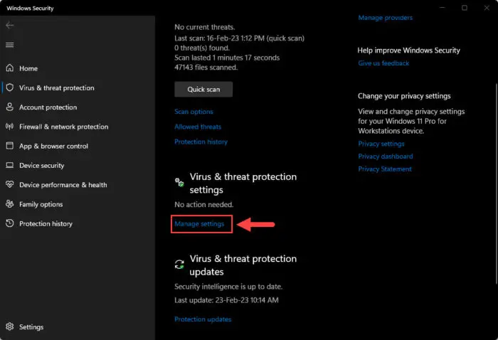 Manage virus and threat protection settings