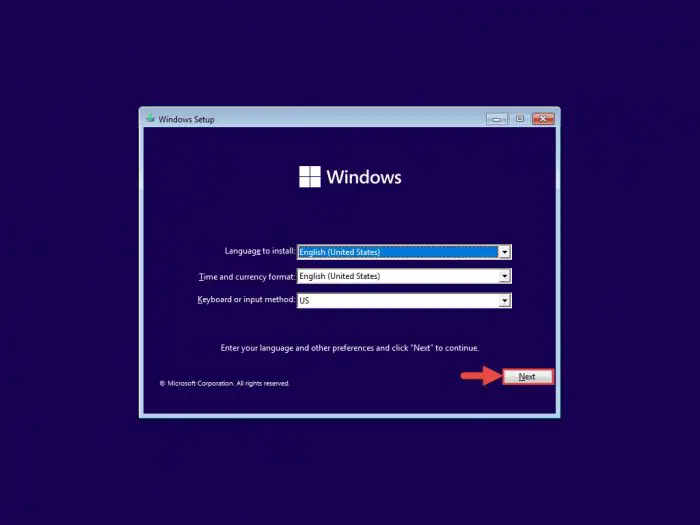 Proceed to install Windows