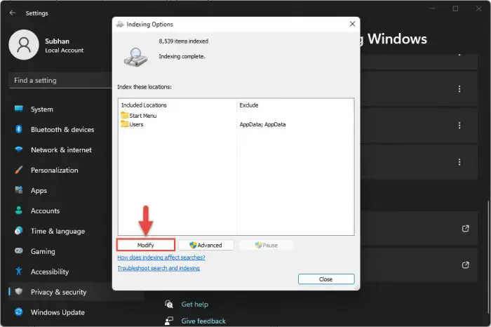 Modify indexing settings