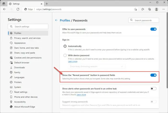 How to Enable or Disable Reveal Password button in Windows 11/10 3 MS edge settings show hide