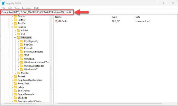 Navigate to Microsoft key
