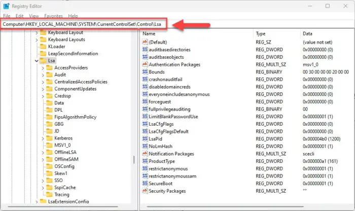 Navigate to the LSA key in Windows Registry