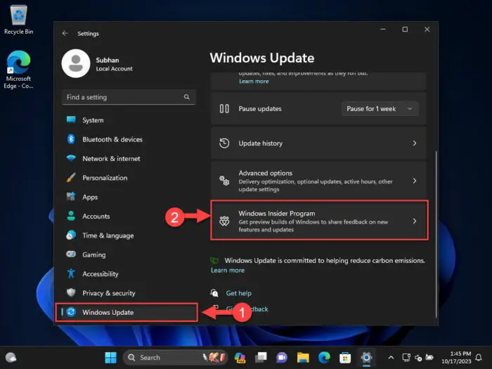 Navigate to the Windows Insider Program Settings page