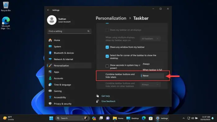 Never combine taskbar icons from Settings