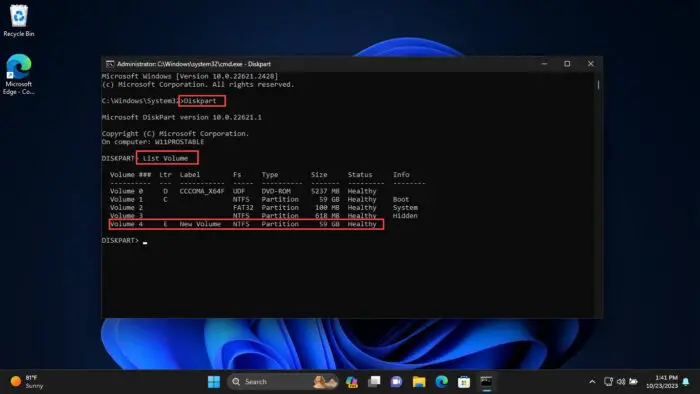 Note the volume number to delete