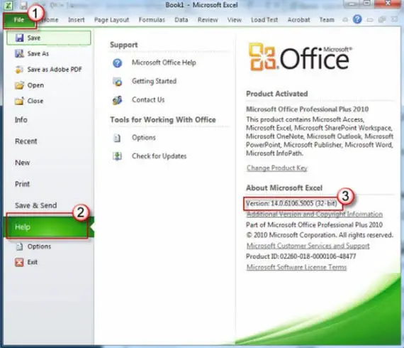 Office 2010 version information