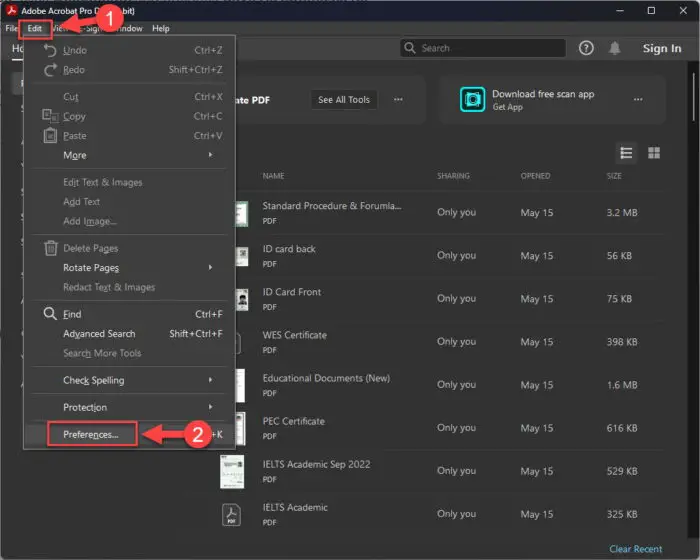 Open Adobe Acrobat preferences