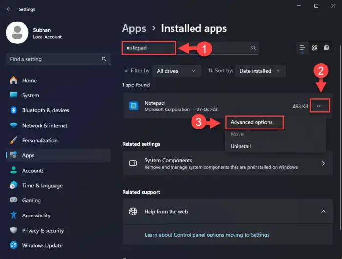 Open advanced options for the app 1