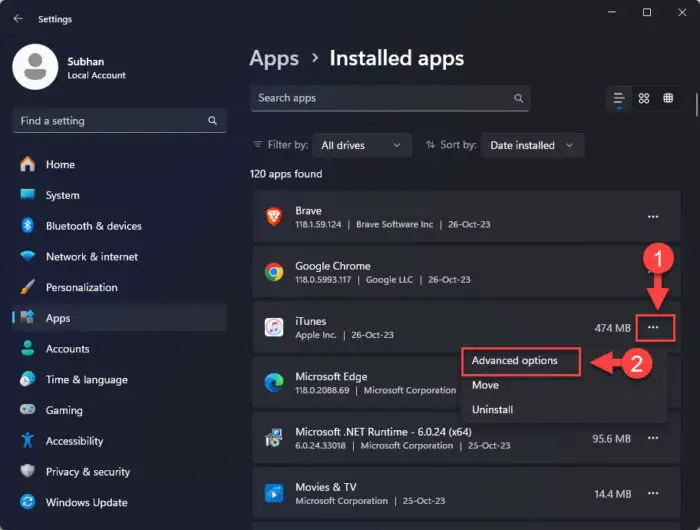 Open advanced options for the app
