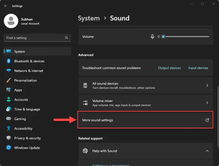 Open advanced sound settings