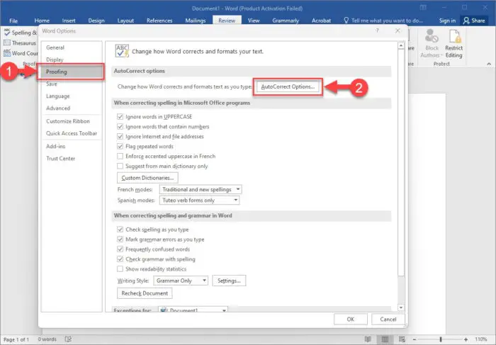 Open AutoCorrect Options in Word