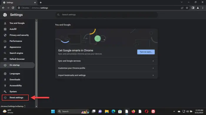 Open Chromes reset settings