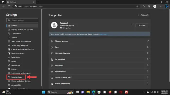 Open Edges reset settings