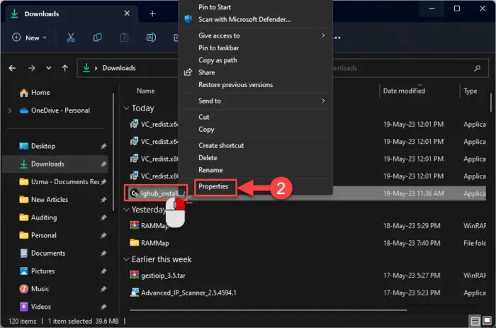 Open G Hub installer properties