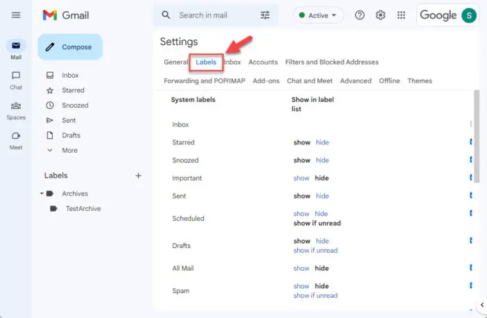 Open Gmail Labels tab