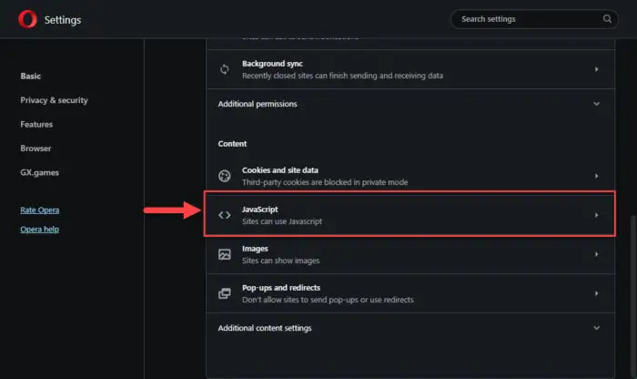 Open JavaScript settings Opera