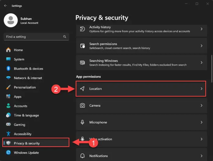 Open Location settings