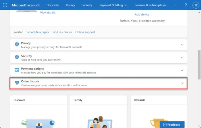 Open Microsoft account order history