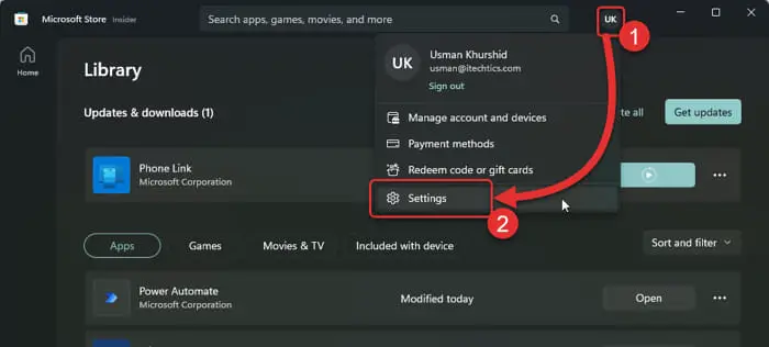 Open Microsoft Store settings