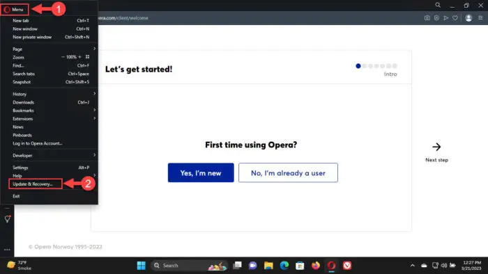 Open Opera update and recovery settings