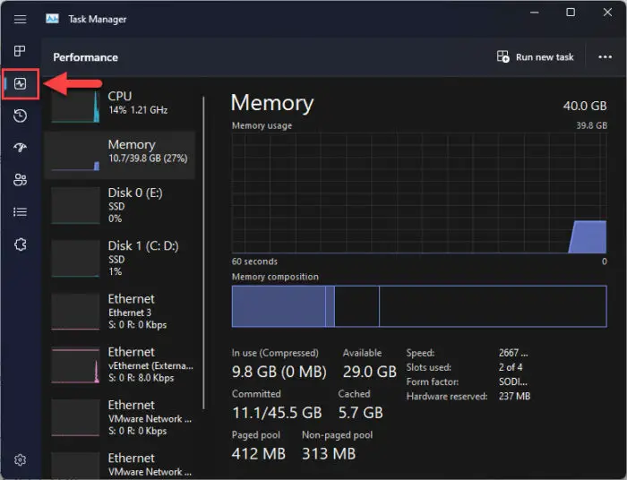 Open Performance tab in Task Manager