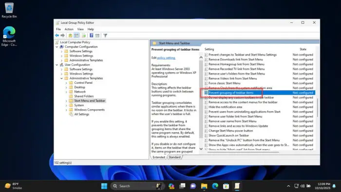 Open policy to prevent grouping of icons in the taskbar