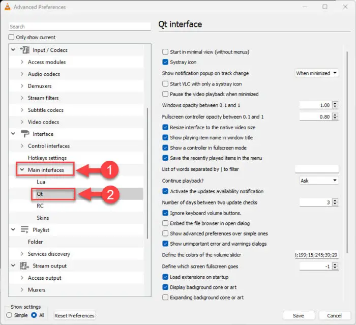 Open Qt settings in VLC