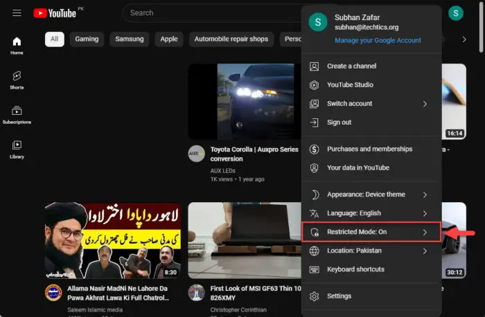 Open Restricted Mode settings