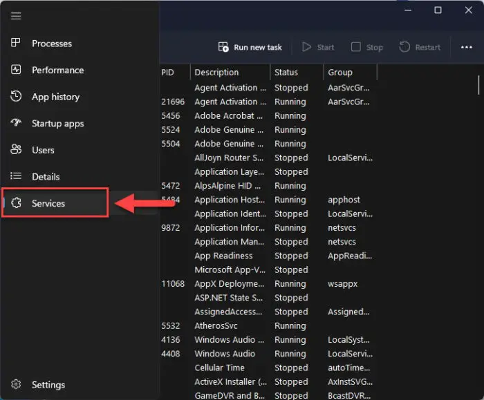 Open Services tab