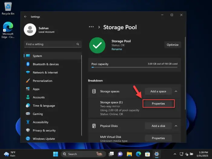 Open Storage Space properties 2