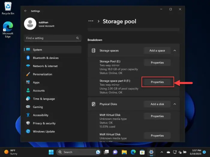 Open Storage Space properties