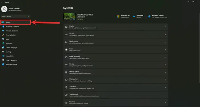 Open System in Windows Settings