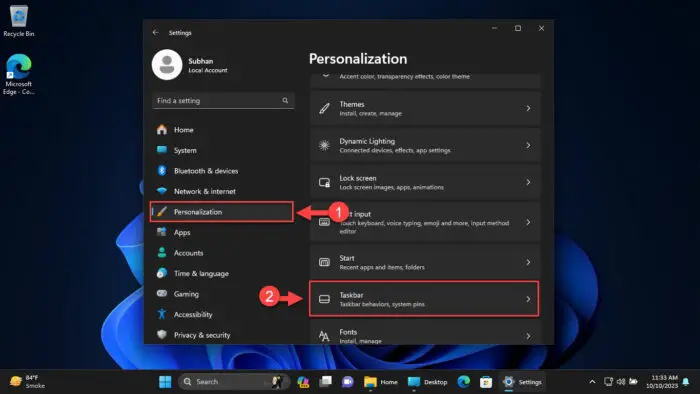 Open taskbar settings