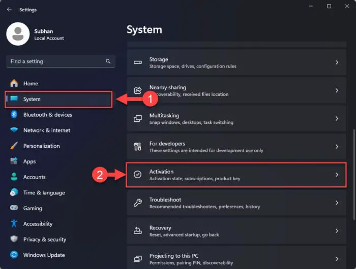 Open the Activation Settings page