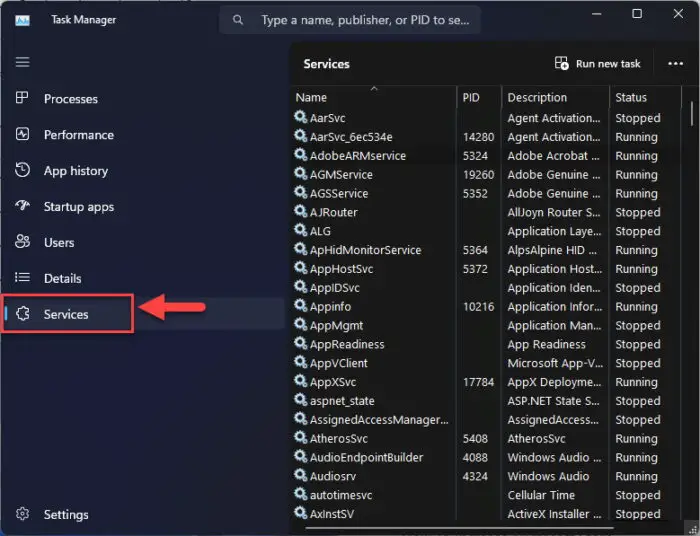 Open the Services tab in the Task Manager