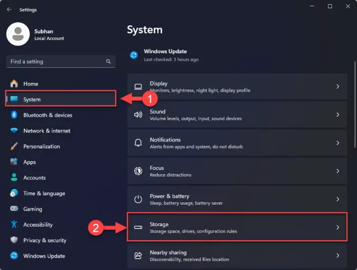 Open the Storage settings page