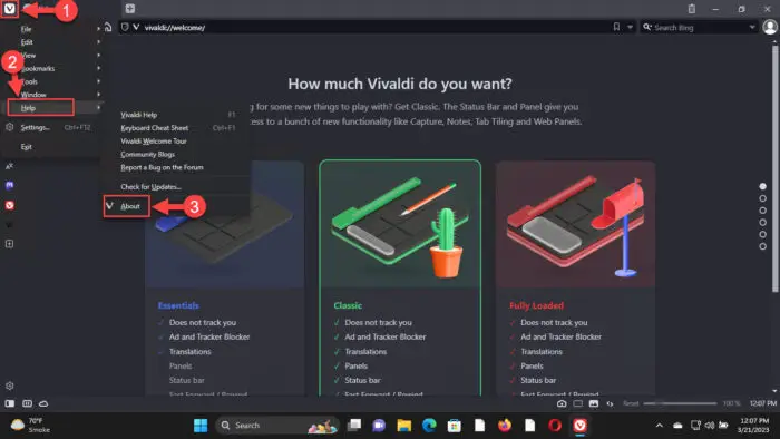 Open Vivaldis About page