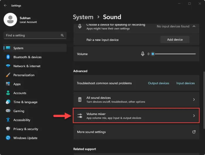 Open Volume mixer settings