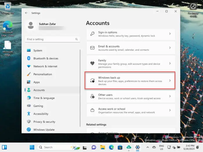 Open Windows back up settings