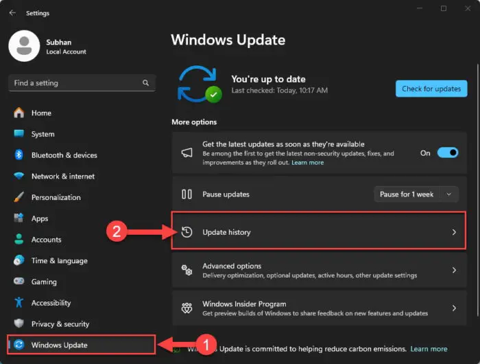 Open Windows Update history