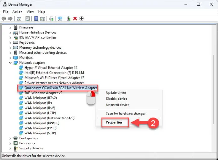 Open wireless network adapter properties