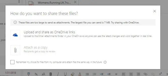 Outlook.com attachment size remaining warning